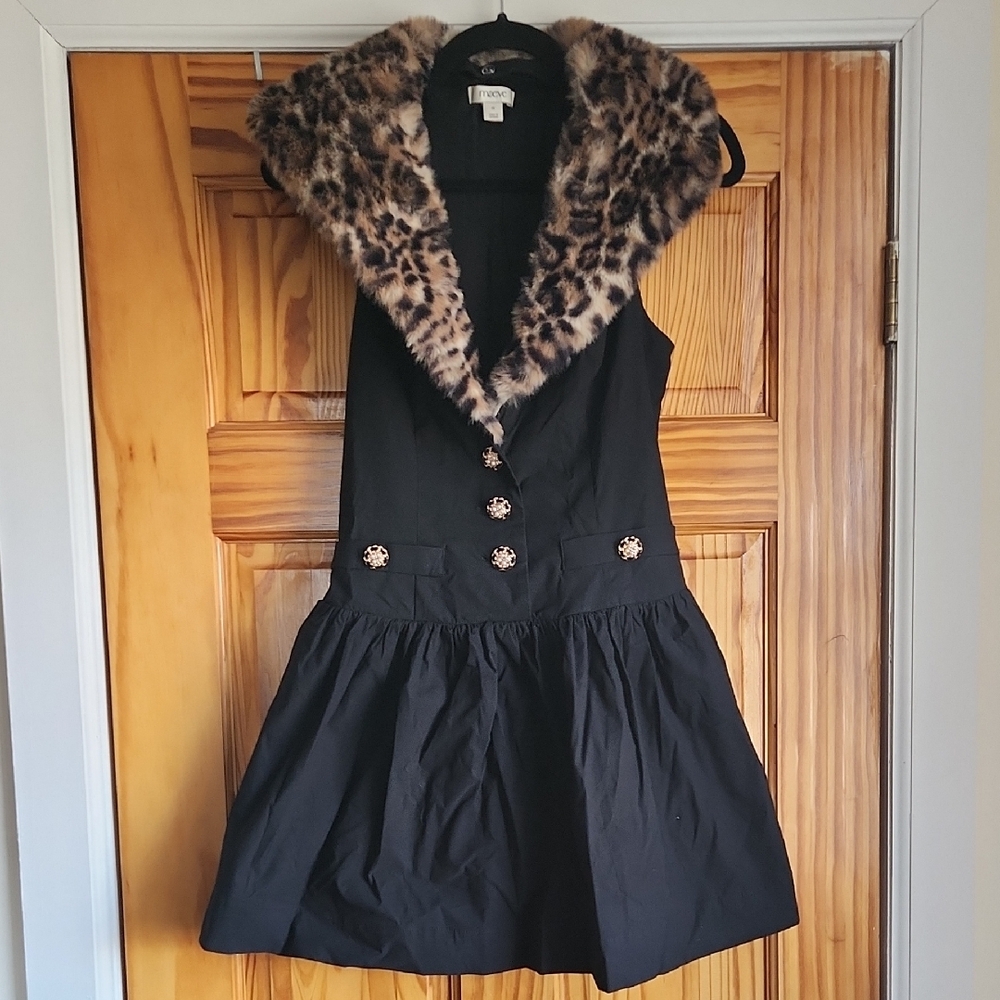 Maeve Black Mini Dress with Removeable Leopard Faux Fur Trim